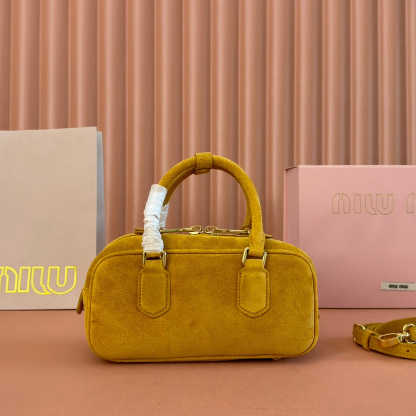 ARCADIE BAG 22 IN MUSTARD YELLOW SUEDE GOLD HARDWARE Luxe Carry Bags
