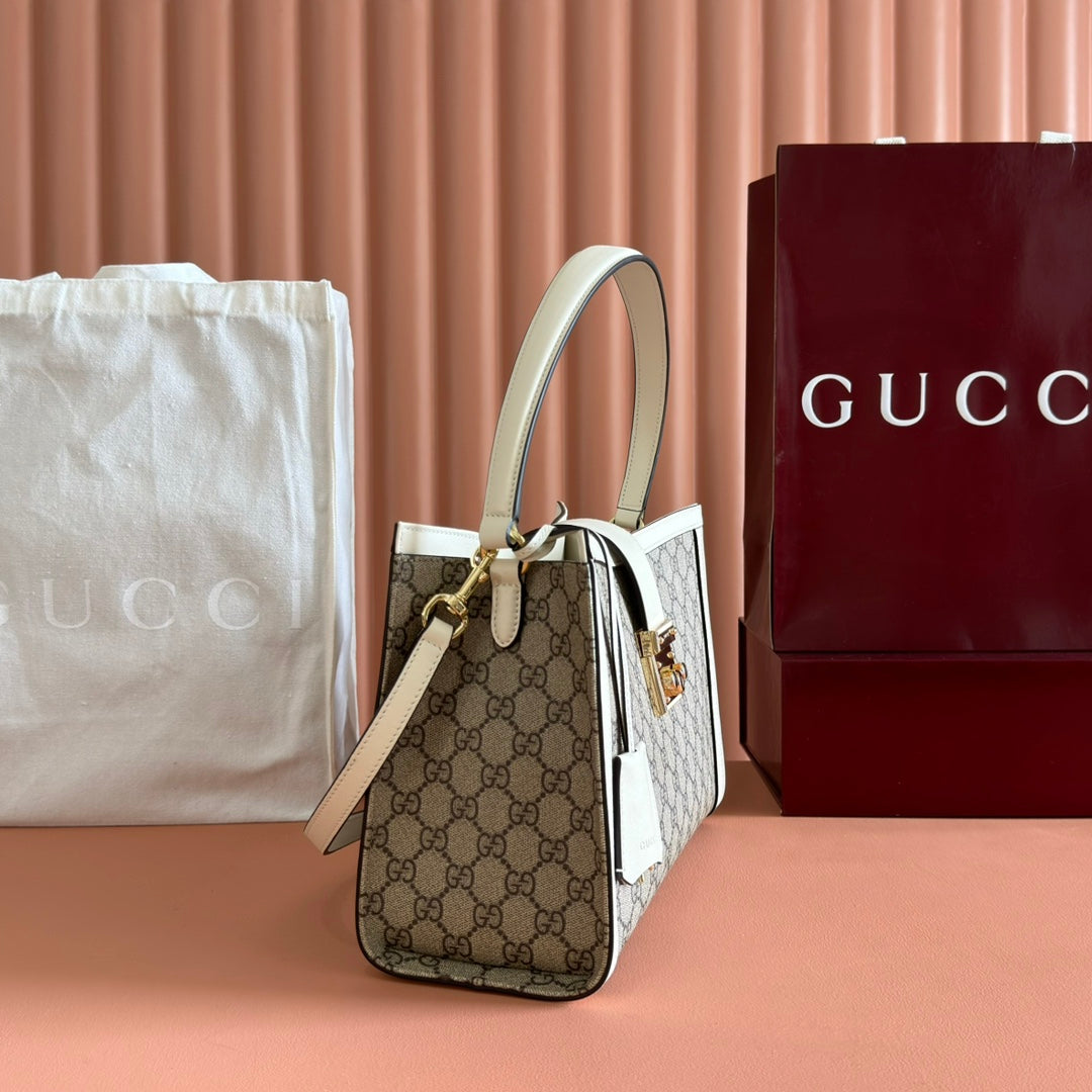 GUCCI 26S PADLOCK SHOULDER BAG 29 IN DARK BEIGE AND WHITE CALFSKIN Luxe Carry Bags