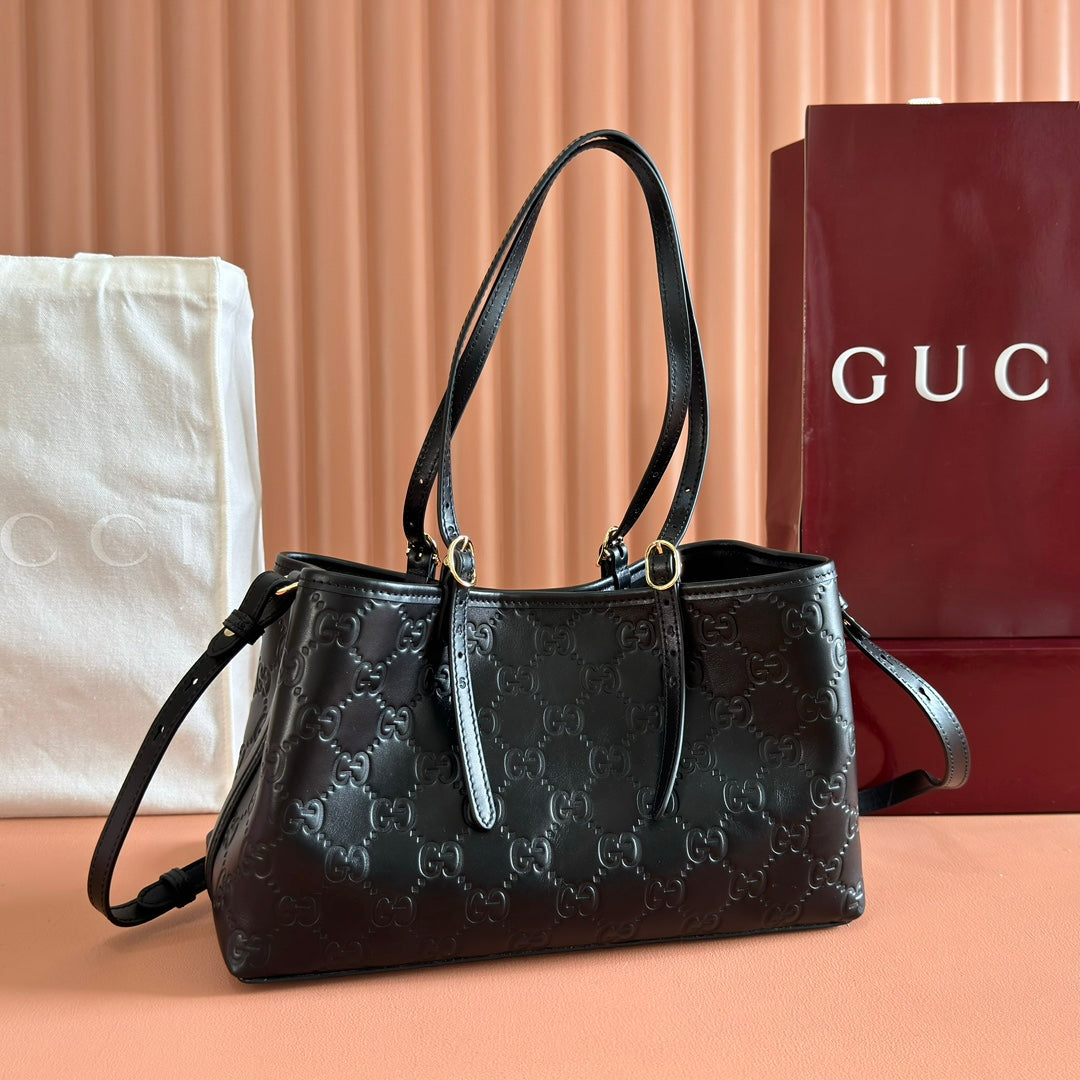 GUCCI 26S TOTE BAG 30 IN BLACK CALFSKIN WITH MONOGRAM PATTERN Luxe Carry Bags