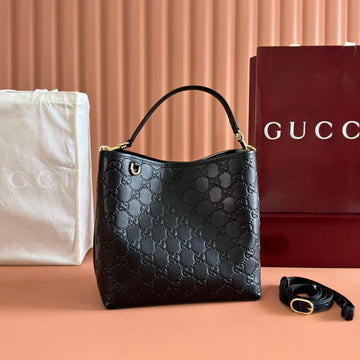 GUCCI 26S HAND BAG 25 IN BLACK CALFSKIN WITH MONOGRAM PATTERN Luxe Carry Bags