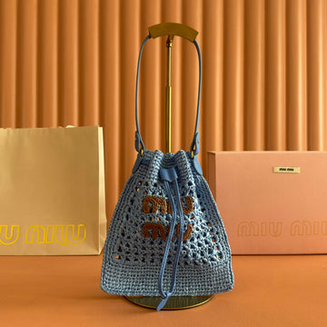 MIUMIU 26S WANDER BUCKET BAG 23 IN BLUE RAFFIA WITH LEATHER TRIM Luxe Carry