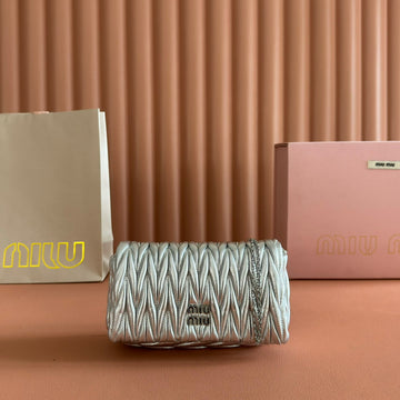 MIUMIU 26S MATELASSE MINI BAG 18 IN SILVER CALFSKIN SILVER HARDWARE Luxe Carry
