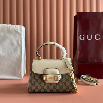 GUCCI 25S HORSEBIT 1955 MEDIUM SHOULDER BAG 22 CM IN BEIGE CANVAS AND CREAM WHITE CALFSKIN WITH GOLD HARDWARE Luxe Carry Bags