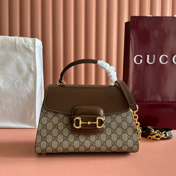 GUCCI 25S HORSEBIT 1955 MEDIUM SHOULDER BAG 29 CM IN DARK BEIGE CANVAS AND BROWN CALFSKIN WITH GOLD HARDWARE Luxe Carry Bags