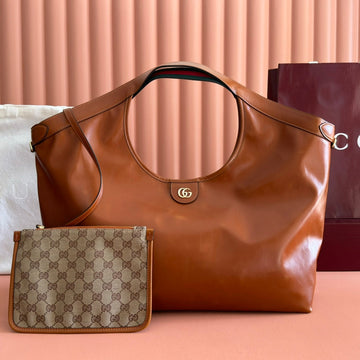 GUCCI 26S GIGLIO LARGE TOTE BAG 60 IN DARK BROWN SHINY CALFSKIN Luxe Carry Bags