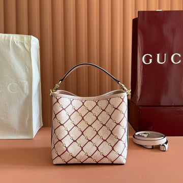 GUCCI 26S GG EMBLEM BUCKET BAG 19 IN LIGHT PINK COATED FABRIC by Luxe Carry