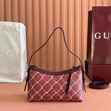 GUCCI 26S GG EMBLEM BUCKET BAG 22 IN DARK RED COATED FABRIC Luxe Carry Bags