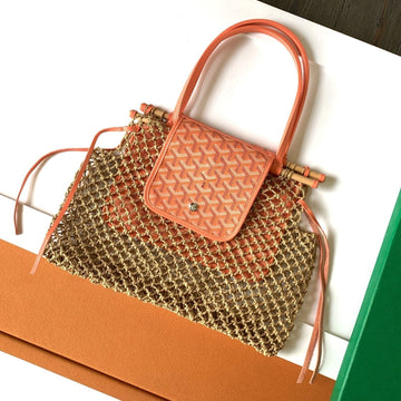 ALIGRE BAG 40 IN RED ORANGE WOVEN RAFFIA AND CALFSKIN Luxe Carry