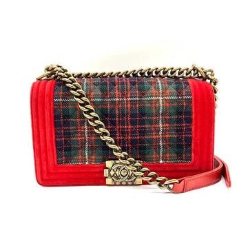 Top Quality Chanel Boy Chain Shoulder Bag Red Green Check