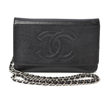 Top Quality Chanel Caviar Skin Chain Wallet Shoulder Bag Black Silver Hardware
