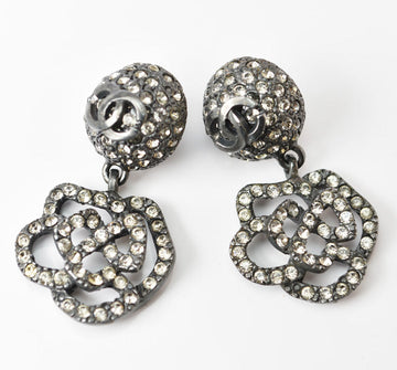 Top Quality Chanel Camellia Motif Rhinestone Silver Earrings