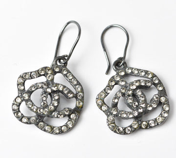 Top Quality Chanel Camellia Motif Rhinestone Earrings, Chrome Silver