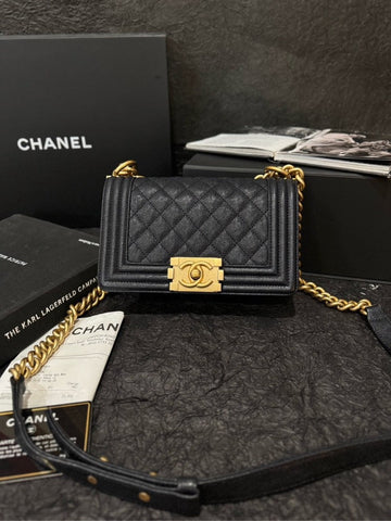 Top Quality Chanel Small Boy Caviar Black Gold Handle Bag with Card