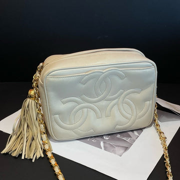 Top Quality Chanel   White Leather Camera Bag With Tassel Gold Chain Strap
