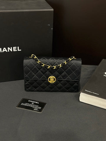 Top Quality Chanel CF Chain Bag Black Gold Satin Circular Turnlock Buckle