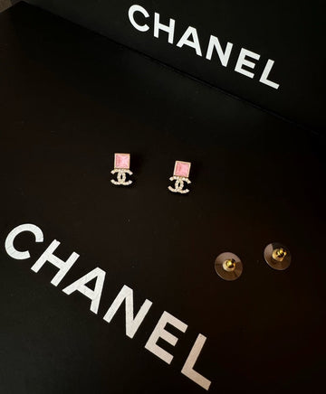 Top Quality Chanel Baby Pink Square & Full Diamonds CC Earrings 21k