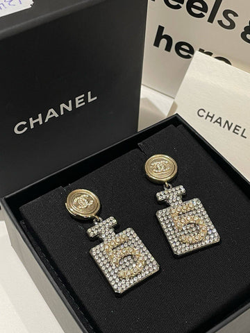 Top Quality Chanel 21A No5 Drop Earrings Gold Crystal   New