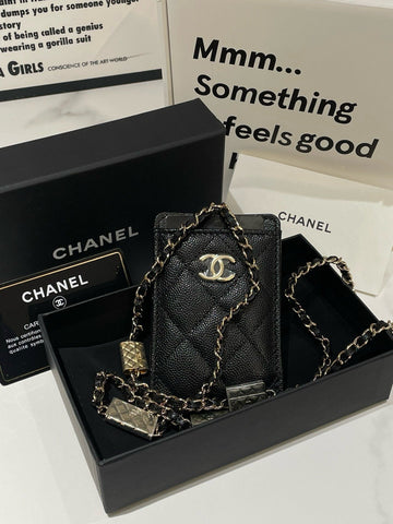 Top Quality Chanel Card Holder On Chain, Black Caviar Leather Crossbody Bag