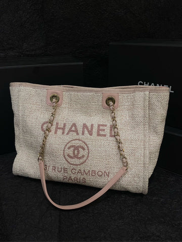 Top Quality Chanel Pink Gold Knitted Beach Tote Bag with Card