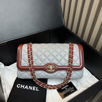 Top Quality Chanel Flap Bag Grey and Burgundy Leather Shoulder Bag