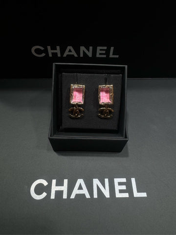 Top Quality Chanel Pink Square Sugar CC Drop Earrings 22k Full Set