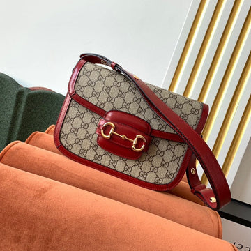 GG 1955 Horsebit Bag 25cm Red Leather Beige Canvas Gold Hardware by Luxe Carry