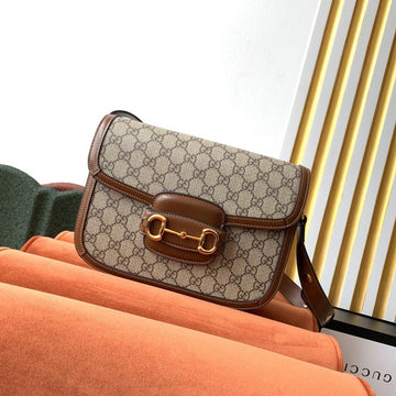 GG 1955 Horsebit Bag 25cm Brown Leather Beige Canvas Gold Hardware Luxe Carry